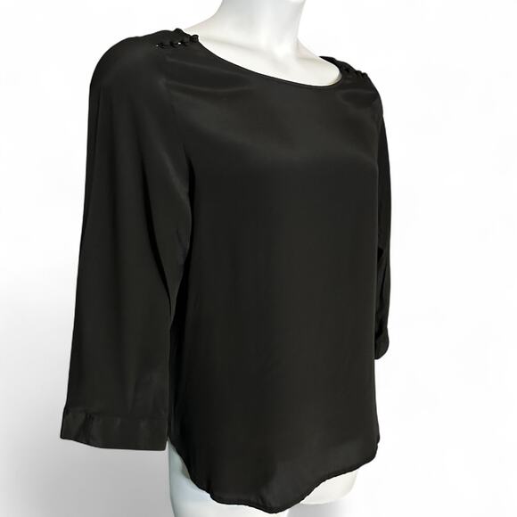GAP Black Blouse Size M Button Shoulder 3/4 Sleeve Rayon Sheen Work Career NWT - Picture 1 of 8